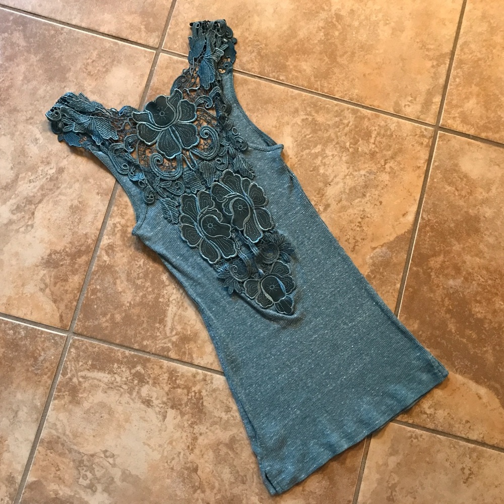 Free People Floral Crochet Back blue tank top XS